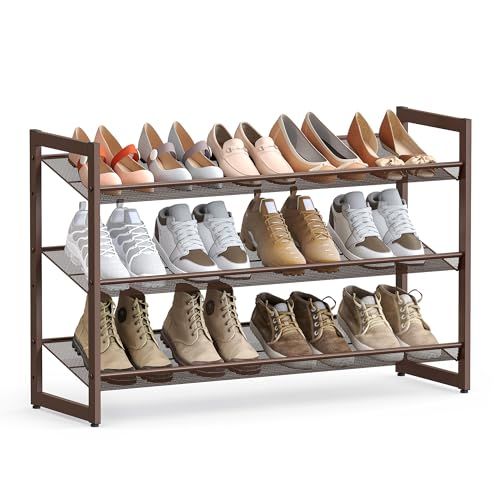 SONGMICS 3-Tier Shoe Rack Storage, Flat or Angled Stackable Shoe Shelf Stand, Bronze ULMR03A
