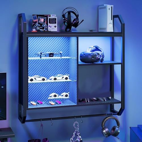 Bestier Gaming Floating Shelves, 34" LED Wall Mounted Shelf with Adjustable Glass Shelf, Pipe Shelves Hanging Display Rack with 6 S-Hook, Gaming Room Decor Coffee Bar Carbon Fiber Black