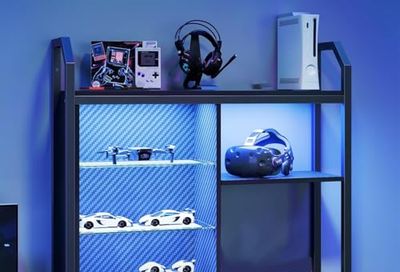 Bestier Gaming Floating Shelves, 34" LED Wall Mounted Shelf with Adjustable Glass Shelf, Pipe Shelves Hanging Display Rack with 6 S-Hook, Gaming Room Decor Coffee Bar Carbon Fiber Black