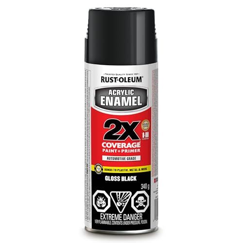 Rust-Oleum Acrylic Enamel Spray Paint, 2X Coverage Paint and Primer, Gloss Black, 340g, Automotive Grade