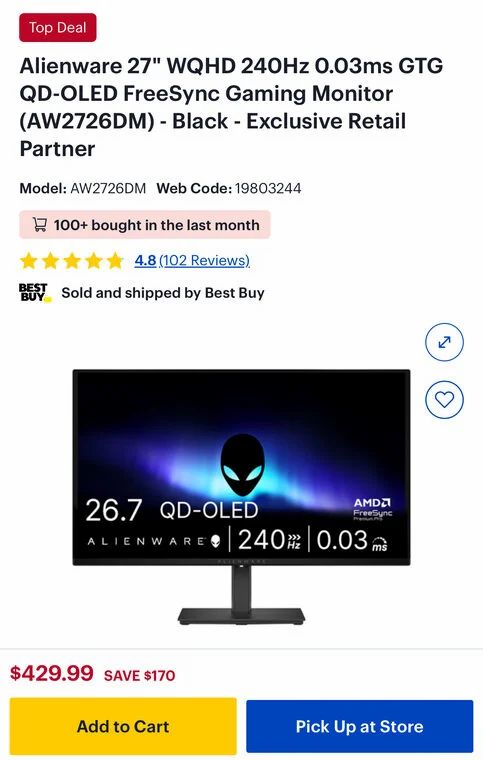 Best Buy: Alienware 27" WQHD 240Hz QD-OLED Gaming Monitor $429