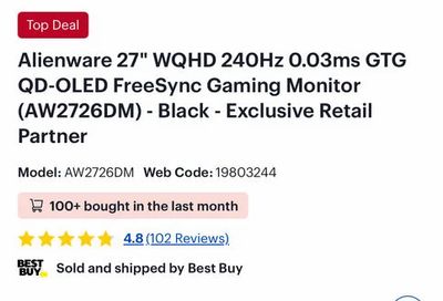 Best Buy: Alienware 27" WQHD 240Hz QD-OLED Gaming Monitor $429