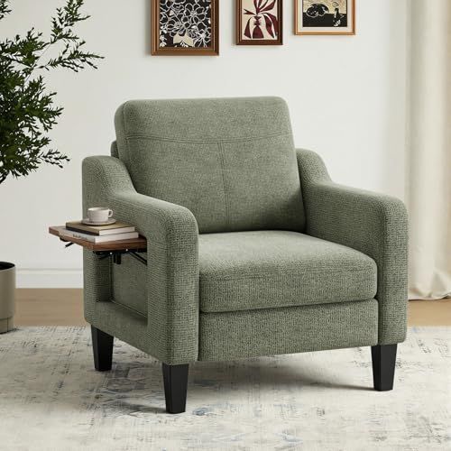 COLAMY Modern Accent Chair with Foldable Table, 2 Side Pockets,Upholstered Living Room Side Chair Wooden Fabric Armchair, Single Sofa for Bedroom/Office/Reception Room, Green