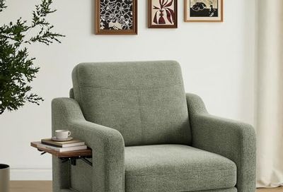 COLAMY Modern Accent Chair with Foldable Table, 2 Side Pockets,Upholstered Living Room Side Chair Wooden Fabric Armchair, Single Sofa for Bedroom/Office/Reception Room, Green
