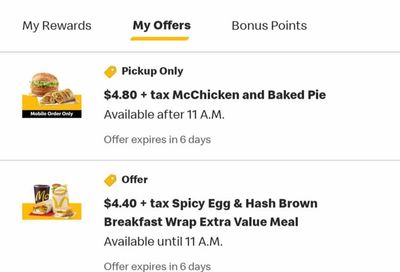 McDonalds: YMMV $4.80 McChicken+pie, $4.40 spicy egg hash brown wrap EVM YMMV