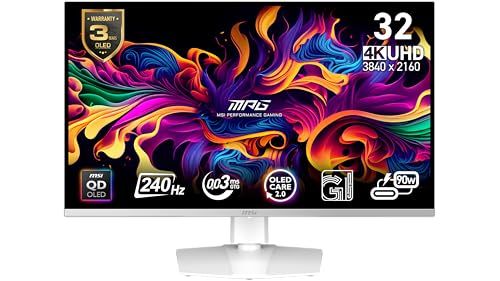 MSI MPG 321URXW QD-OLED 32-inch 3840 x 2160 (UHD) Computer Monitor, 240Hz, Adaptive-Synch, HDMI, DP Port, VESA Mountable, Tilt, Speaker, 0.03ms, White $1049.99