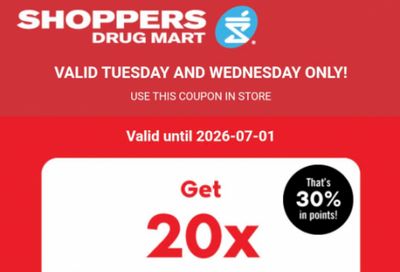 Shoppers Drug Mart Canada Text Offer: 20x The PC Optimum Points When You Spend $60 June 30th & July 1st