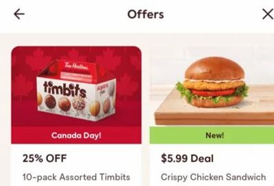 Country Style: Canada Day doughnut $1.59; Tim Hortons 25% off 10 Timbits; $1 medium coffee