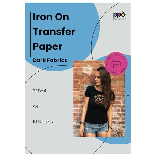 PPD Iron on Transfer Paper for Dark Fabric Compatible with Inkjet Printer, 8.5 x 11 Printable T Shirt Heat Transfer Papers, Custom Print Photo, Durable, Flexible & Machine Washable (10 Sheets) PPD Iron on Transfer Paper for Dark Fabric Compatible with Inkjet Printer, 8.5 x 11 Printable T Shirt Heat Transfer Papers, Custom Print Photo, Durable, Flexible & Machine Washable (10 Sheets)