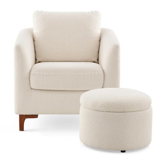 COLAMY Sherpa Accent Chair with Storage Ottoman Set, Upholstered Barrel Arm Chair with Footrest, Modern Living Room Chair with Back Throw Pillow and Wood Legs, Cream COLAMY Sherpa Accent Chair with Storage Ottoman Set, Upholstered Barrel Arm Chair with Footrest, Modern Living Room Chair with Back Throw Pillow and Wood Legs, Cream