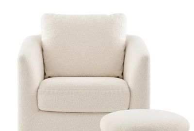 COLAMY Sherpa Accent Chair with Storage Ottoman Set, Upholstered Barrel Arm Chair with Footrest, Modern Living Room Chair with Back Throw Pillow and Wood Legs, Cream
