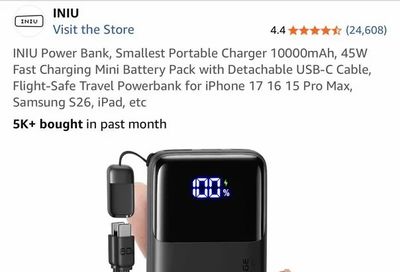 Amazon.ca: (YMMV $22.76 Cart Deal) INIU Power Bank Portable Charger 10000mAh, 45W Fast Charging with Detachable USB-C Cable