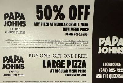 Papa John's Pizza: Papa John's 50% off pizzas thru 8/31 Toronto