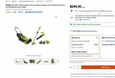 Home Depot: IN-STORE RYOBI 18V Lawn Mower, Blower, and Trimmer Kit with (2) 4.0 Ah Batteries and Charger