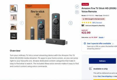 Best Buy: $22.99 - Amazon Fire TV Stick HD (2026) Media Streamer with Alexa Voice Remote