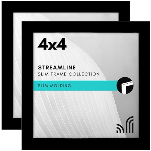 Americanflat 4x4 Picture Frame with Shatter-Resistant Glass - Set of 2 - Streamline Collection - Thin Border Square Frame for Tabletop and Wall - Hanging Hardware and Easel Stand Included - Black