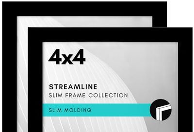 Americanflat 4x4 Picture Frame with Shatter-Resistant Glass - Set of 2 - Streamline Collection - Thin Border Square Frame for Tabletop and Wall - Hanging Hardware and Easel Stand Included - Black