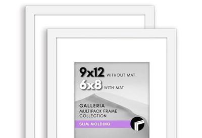 Americanflat 9x12 Picture Frame with Polished Plexiglass - Set of 2 - Use as 6x8 Frame with Mat or Display 9x12 Photo Without Mat - Galleria Collection - Picture Frames for Wall Display - White