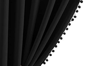 NICETOWN Living Room Blackout Pom Pom Curtains, Pretty Rod Pocket Thermal Insulated Solid Farmhouse Drapes for Living Room Patio Door Sliding Glass Door (Set of 2, 42 inches by 84 inches, Black)