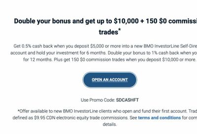 BMO: New Client Offer: Up to 1% Cash Back (Max $10,000) + 150 Free Trades — Min $5K, Promo Code SDCASHFT