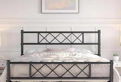 Yaheetech Queen Size Metal Platform Bed Frame Mattress Foundation with Headboard and Footboard No Box Spring Needed Under Bed Storage Steel Slats Black