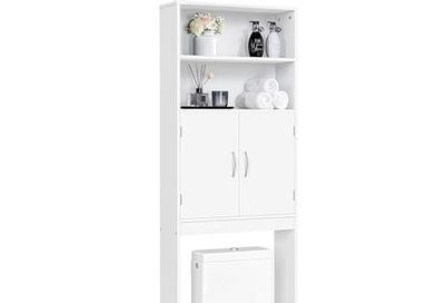 Yaheetech Over The Toilet Bathroom Organizer, Wooden Modern Storage Cabinet with Adjustable Shelf and Door, White