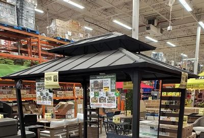 Home Depot: *CLEARANCE* 7 ft. x 9 ft. Steel Hardtop Gazebo with Adjustable Lights, Shelves & Hooks, Black Roof & Wood Grain Panel
