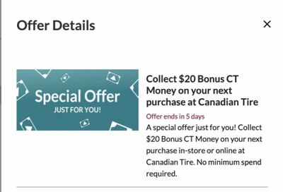 Canadian Tire: $20 Bonus CT Money at Canadian Tire - no minimum spend - online and instore
