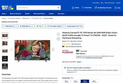 Best Buy: 75" Hisense CanvasTV 75S7N - $1,699.99 (Best Buy) $1,698 (Visions Electronics)