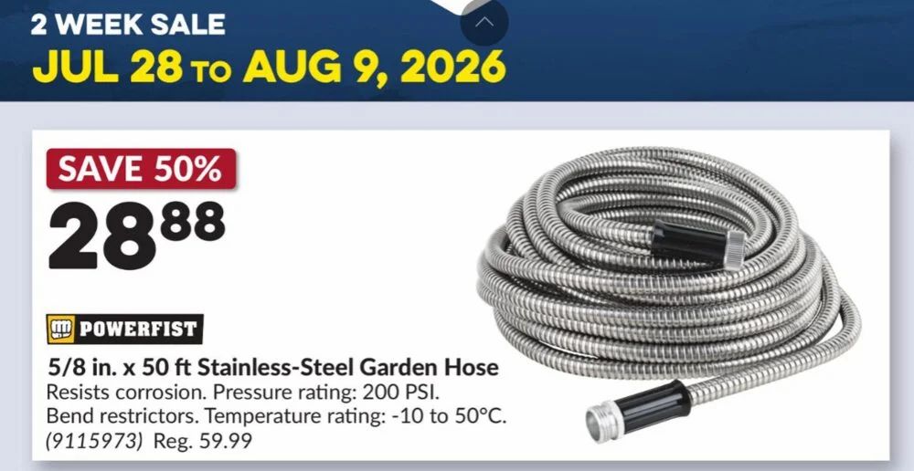 Princess Auto: 5/8 in. x 50 ft Stainless-Steel Garden Hose $28.88, 3 Ton Quick-LiftFloor Jack with Dual Pumps $98.88 (July 28 - Aug. 9)