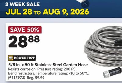 Princess Auto: 5/8 in. x 50 ft Stainless-Steel Garden Hose $28.88, 3 Ton Quick-LiftFloor Jack with Dual Pumps $98.88 (July 28 - Aug. 9)