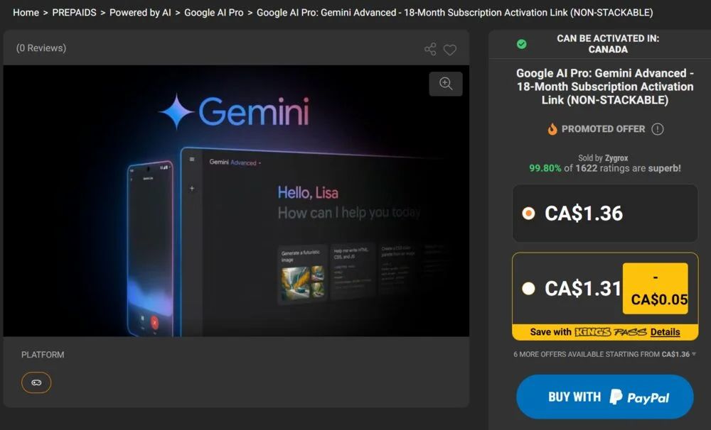 Kinguin: Google AI Pro 18 Months - $1.36 + Service Fee