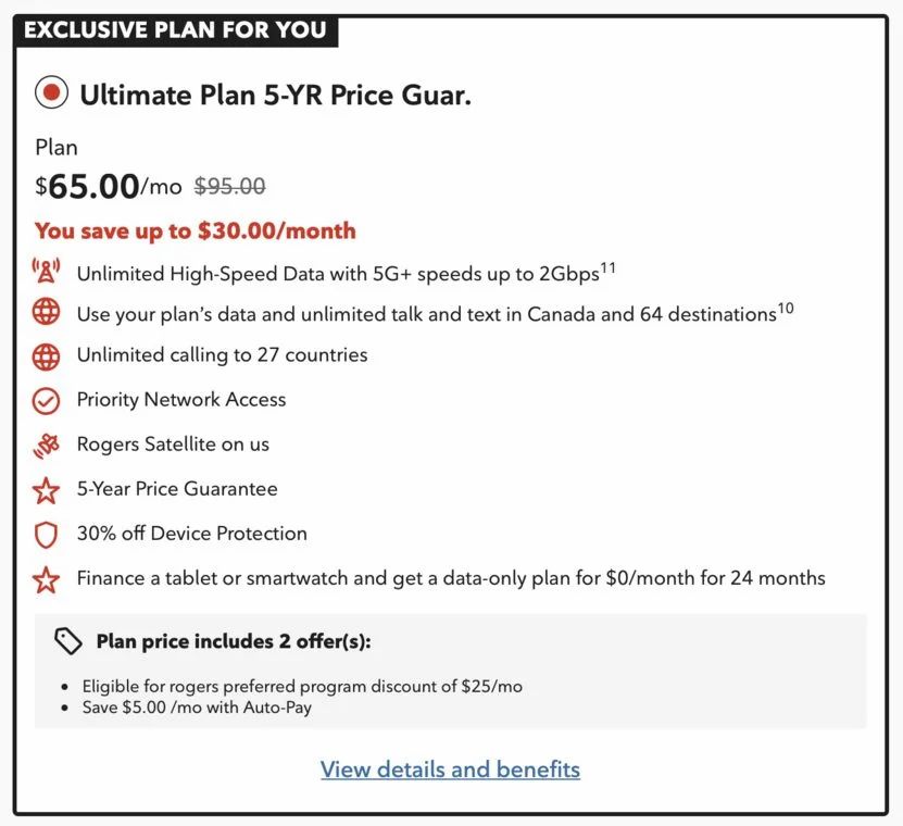 Rogers Ultimate Plan 5-yr guarantee (targeted) $65