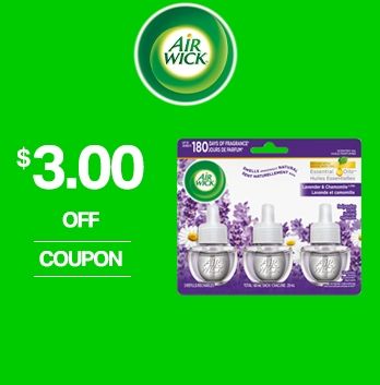 Save $3.00 when you purchase any Air Wick Plug In Refill, 3 pack, 4 pack or 5 pack Save $3.00 when you purchase any Air Wick Plug In Refill, 3 pack, 4 pack or 5 pack