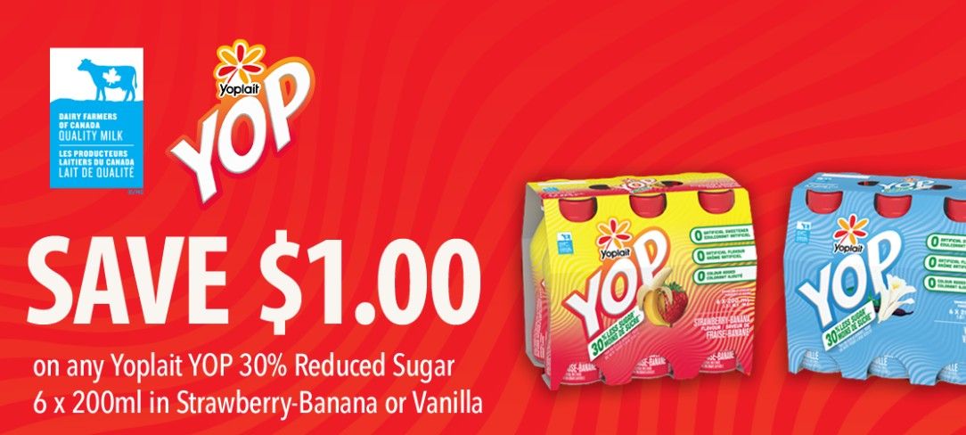 Save $1 on Yoplait Yop reduced sugar 6X200ml Save $1 on Yoplait Yop reduced sugar 6X200ml