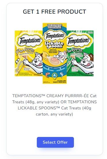 Temptations Creamy PURRRR-ÉE Cat Treats (48g, any variety) OR Temptations Lickable Spoons Cat Treats (40g carton, any variety) Temptations Creamy PURRRR-ÉE Cat Treats (48g, any variety) OR Temptations Lickable Spoons Cat Treats (40g carton, any variety)