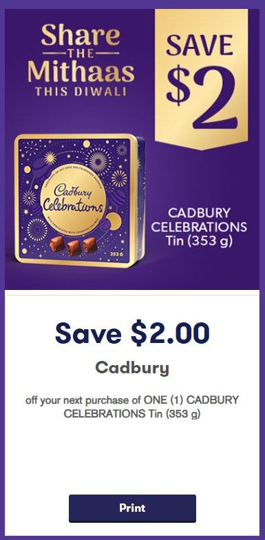 Save $2 on Cadbury Celebrations tin 353 g Save $2 on Cadbury Celebrations tin 353 g