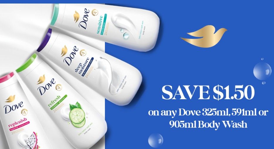 Save $1.50 on Dove body wash 325 ml, 591 or 905 ml Save $1.50 on Dove body wash 325 ml, 591 or 905 ml