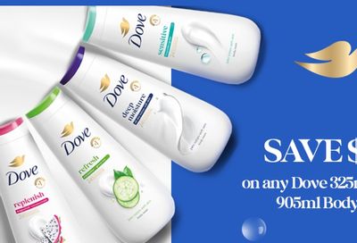 Save $1.50 on Dove body wash 325 ml, 591 or 905 ml