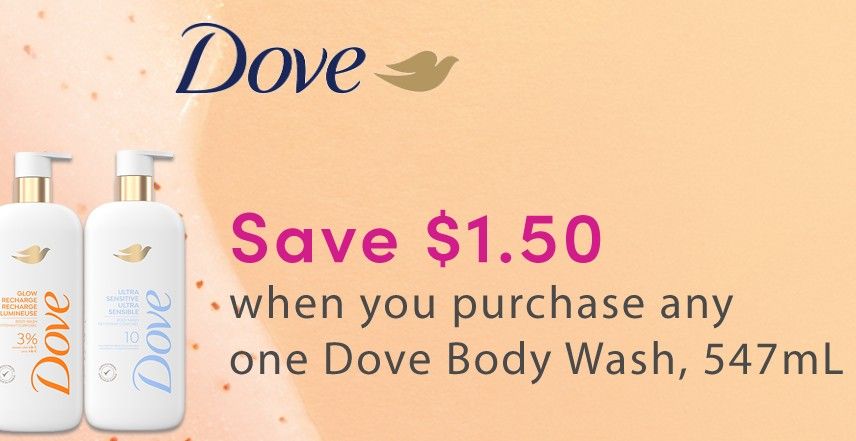 Save $1.50 on Dove bodywash, 547 ml Save $1.50 on Dove bodywash, 547 ml