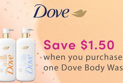 Save $1.50 on Dove bodywash, 547 ml