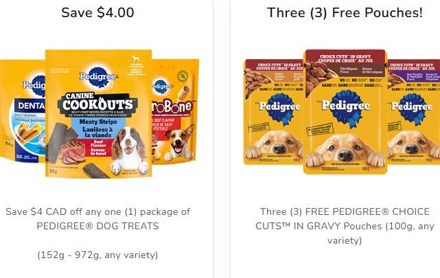 Coupons valid on Pedigree Dog treats and gravy pouches