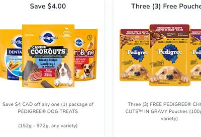 Coupons valid on Pedigree Dog treats and gravy pouches