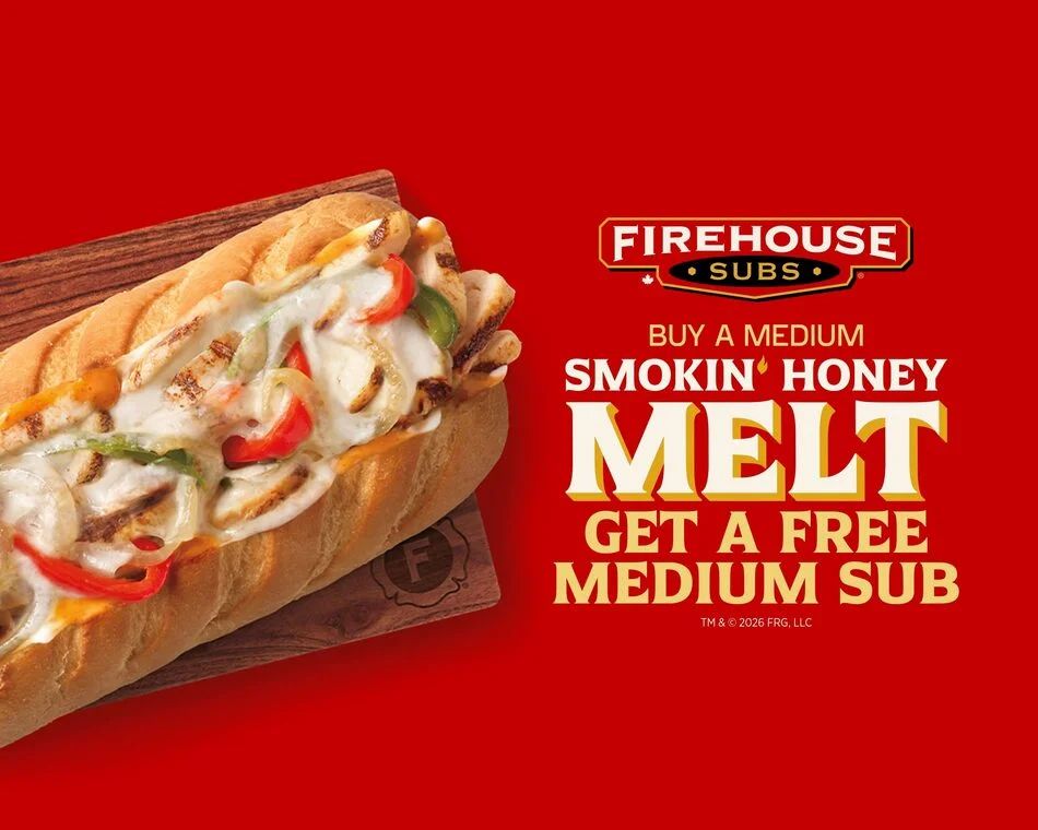 Firehouse Subs Buy a Smokin' Honey Melt Get a Free Medium Sub via UberEats Firehouse Subs Buy a Smokin' Honey Melt Get a Free Medium Sub via UberEats