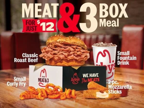 Arbys: Arby's Meat & 3 Box , Roast Beef Sandwich + Curly Fries + Mozza Sticks + Drink - $12 Arbys: Arby's Meat & 3 Box , Roast Beef Sandwich + Curly Fries + Mozza Sticks + Drink - $12