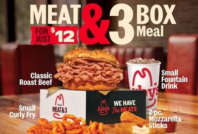 Arbys: Arby's Meat & 3 Box , Roast Beef Sandwich + Curly Fries + Mozza Sticks + Drink - $12