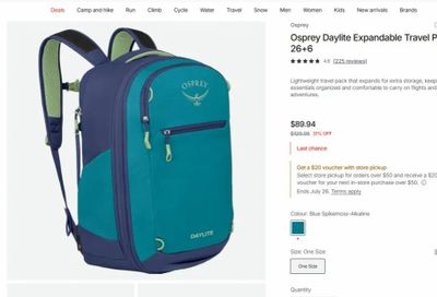 MEC: Osprey Daylite Expandable Travel Pack 26+6 - $89.94, $69.94 with store credit