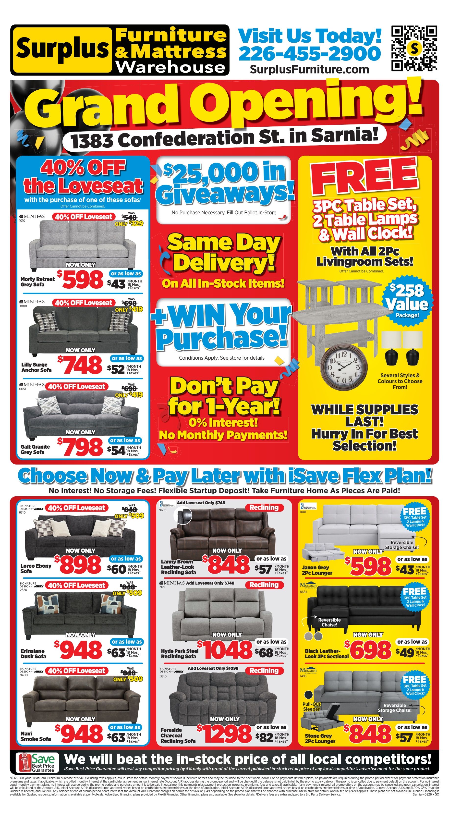 Surplus Furniture & Mattress Warehouse (Sarnia) Grand Opening Flyer July 27 to August 23