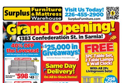 Surplus Furniture & Mattress Warehouse (Sarnia) Grand Opening Flyer July 27 to August 23