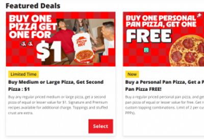 Pizza Hut Canada Deals: Buy One Pizza Get One for $1 + More